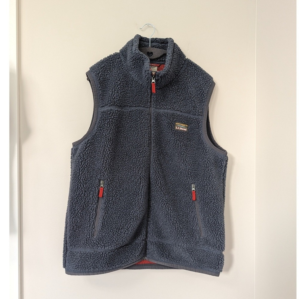 LL Bean Mountain Deep Pile Sherpa Fleece Vest Gray Full Zip Mens L